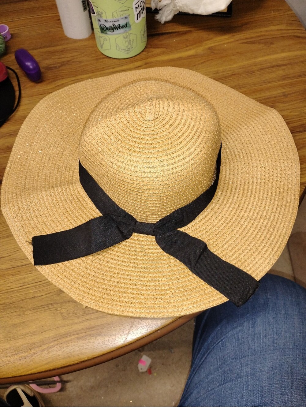 Wide Brim Straw Sun Hat with Black Ribbon Bow